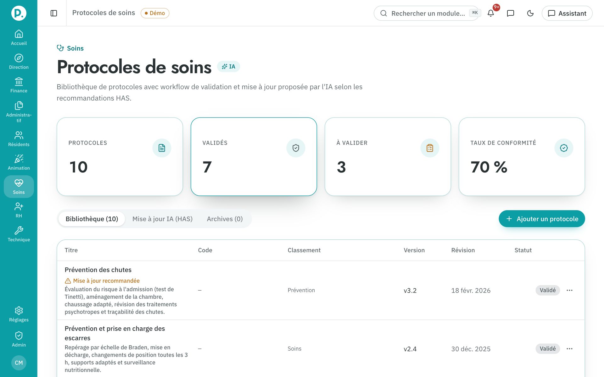 Écran Protocoles de soins de ProgiSeniors