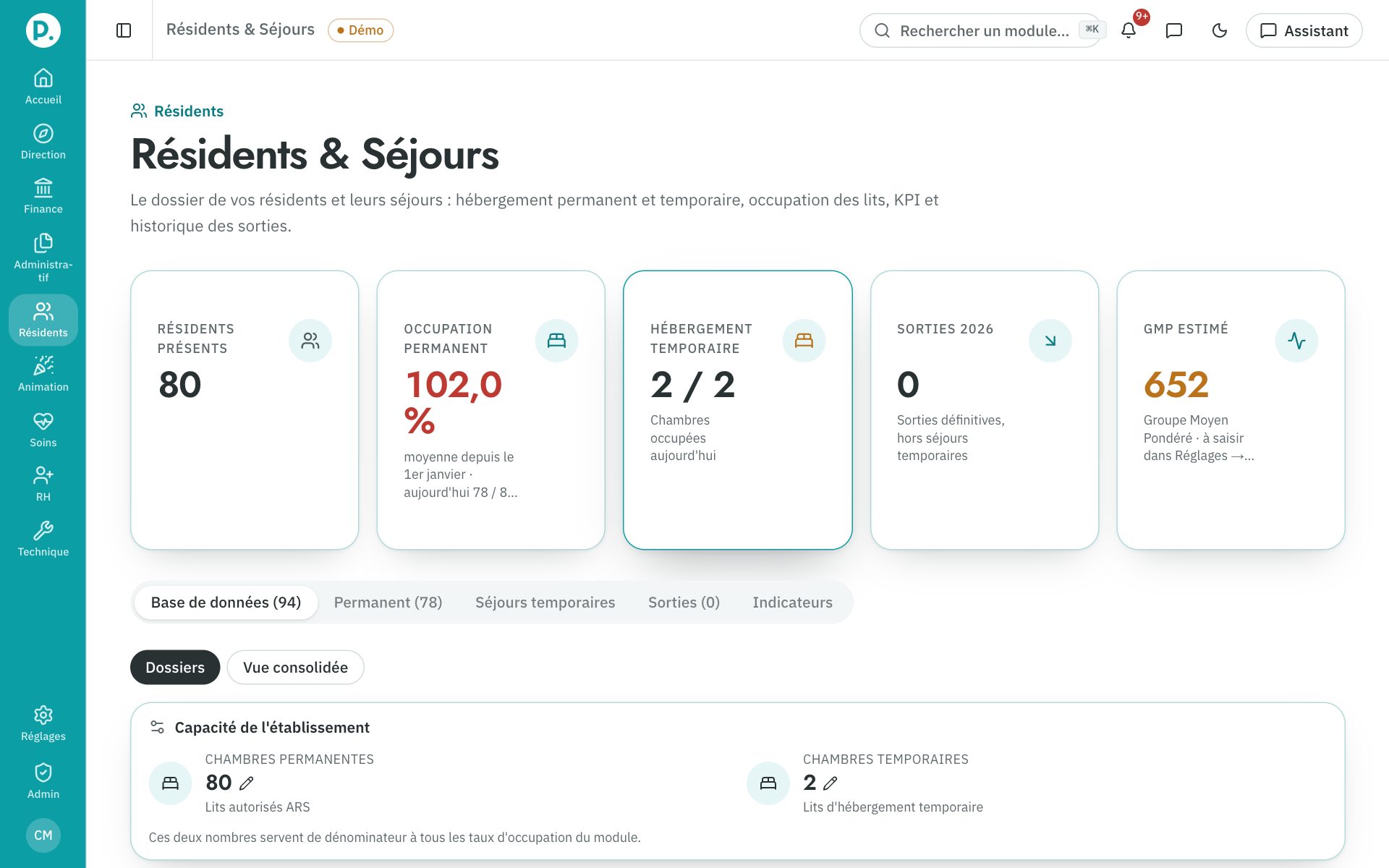 Écran Résidents & Séjours de ProgiSeniors